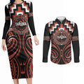 Aotearoa Tapuika Personalised Couples Matching Long Sleeve Bodycon Dress and Long Sleeve Button Shirt Maori Iwi Poutama Puhoro Tattoo