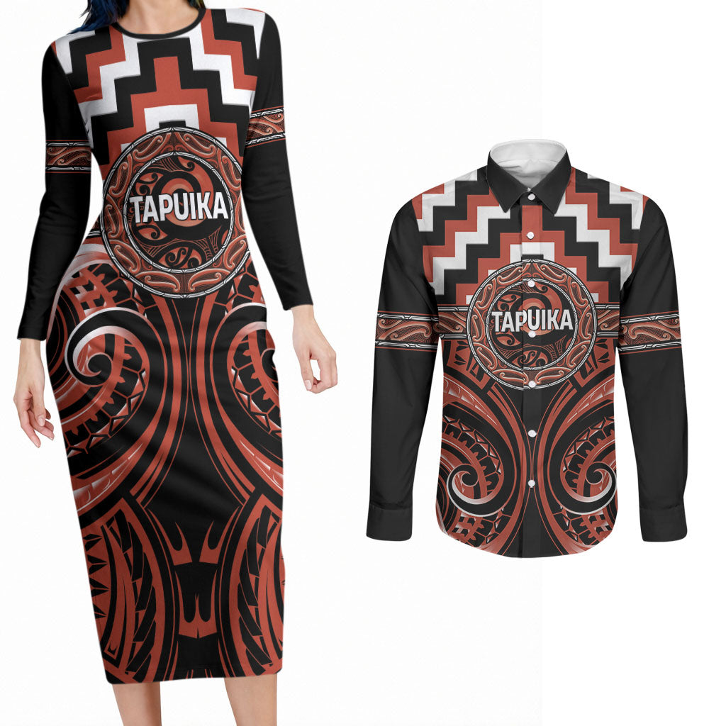 Aotearoa Tapuika Personalised Couples Matching Long Sleeve Bodycon Dress and Long Sleeve Button Shirt Maori Iwi Poutama Puhoro Tattoo