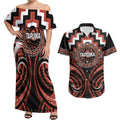 Aotearoa Tapuika Personalised Couples Matching Off Shoulder Maxi Dress and Hawaiian Shirt Maori Iwi Poutama Puhoro Tattoo