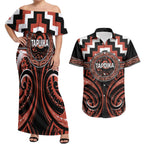 Aotearoa Tapuika Personalised Couples Matching Off Shoulder Maxi Dress and Hawaiian Shirt Maori Iwi Poutama Puhoro Tattoo