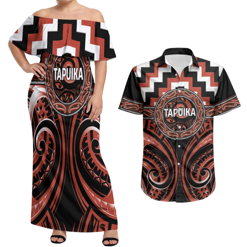 Aotearoa Tapuika Personalised Couples Matching Off Shoulder Maxi Dress and Hawaiian Shirt Maori Iwi Poutama Puhoro Tattoo