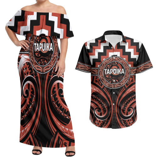 Aotearoa Tapuika Personalised Couples Matching Off Shoulder Maxi Dress and Hawaiian Shirt Maori Iwi Poutama Puhoro Tattoo
