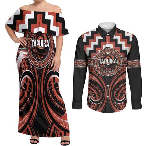 Aotearoa Tapuika Personalised Couples Matching Off Shoulder Maxi Dress and Long Sleeve Button Shirt Maori Iwi Poutama Puhoro Tattoo