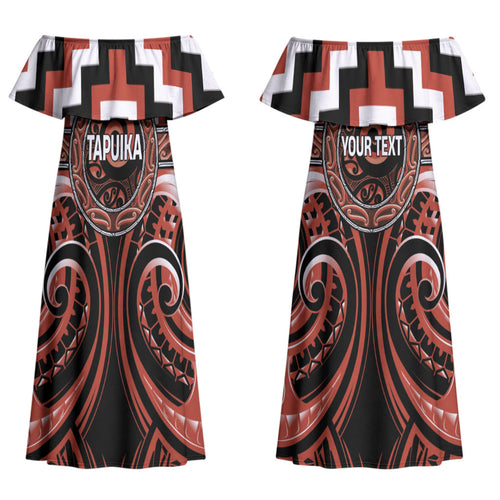 Aotearoa Tapuika Personalised Couples Matching Off Shoulder Maxi Dress and Long Sleeve Button Shirt Maori Iwi Poutama Puhoro Tattoo
