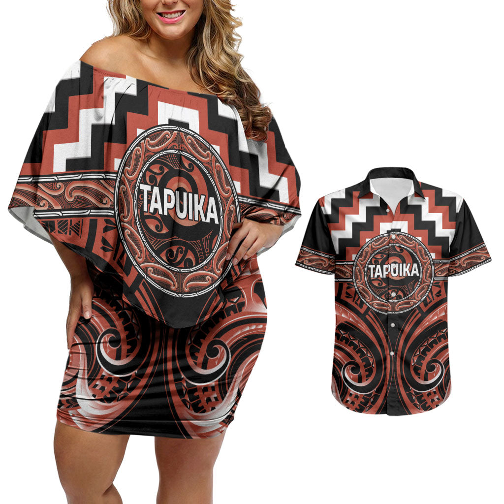 Aotearoa Tapuika Personalised Couples Matching Off Shoulder Short Dress and Hawaiian Shirt Maori Iwi Poutama Puhoro Tattoo