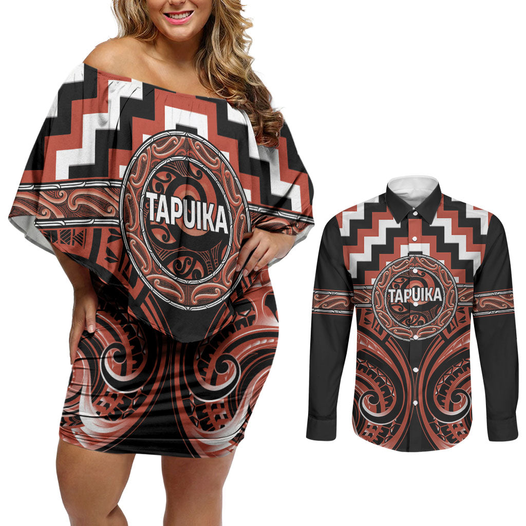 Aotearoa Tapuika Personalised Couples Matching Off Shoulder Short Dress and Long Sleeve Button Shirt Maori Iwi Poutama Puhoro Tattoo