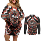 Aotearoa Tapuika Personalised Couples Matching Off Shoulder Short Dress and Long Sleeve Button Shirt Maori Iwi Poutama Puhoro Tattoo