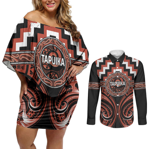 Aotearoa Tapuika Personalised Couples Matching Off Shoulder Short Dress and Long Sleeve Button Shirt Maori Iwi Poutama Puhoro Tattoo