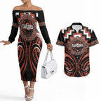 Aotearoa Tapuika Personalised Couples Matching Off The Shoulder Long Sleeve Dress and Hawaiian Shirt Maori Iwi Poutama Puhoro Tattoo