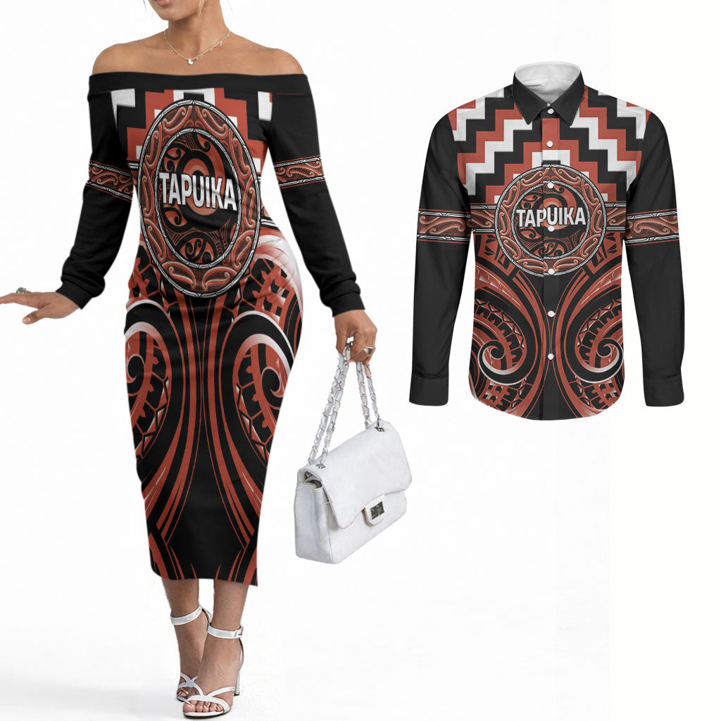 Aotearoa Tapuika Personalised Couples Matching Off The Shoulder Long Sleeve Dress and Long Sleeve Button Shirt Maori Iwi Poutama Puhoro Tattoo