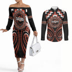 Aotearoa Tapuika Personalised Couples Matching Off The Shoulder Long Sleeve Dress and Long Sleeve Button Shirt Maori Iwi Poutama Puhoro Tattoo