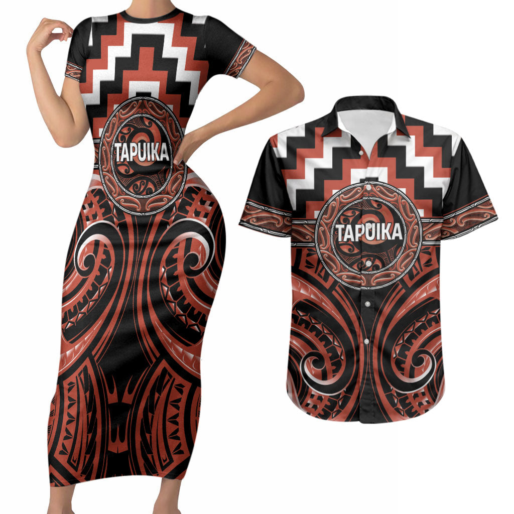 Aotearoa Tapuika Personalised Couples Matching Short Sleeve Bodycon Dress and Hawaiian Shirt Maori Iwi Poutama Puhoro Tattoo