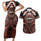 Aotearoa Tapuika Personalised Couples Matching Short Sleeve Bodycon Dress and Hawaiian Shirt Maori Iwi Poutama Puhoro Tattoo