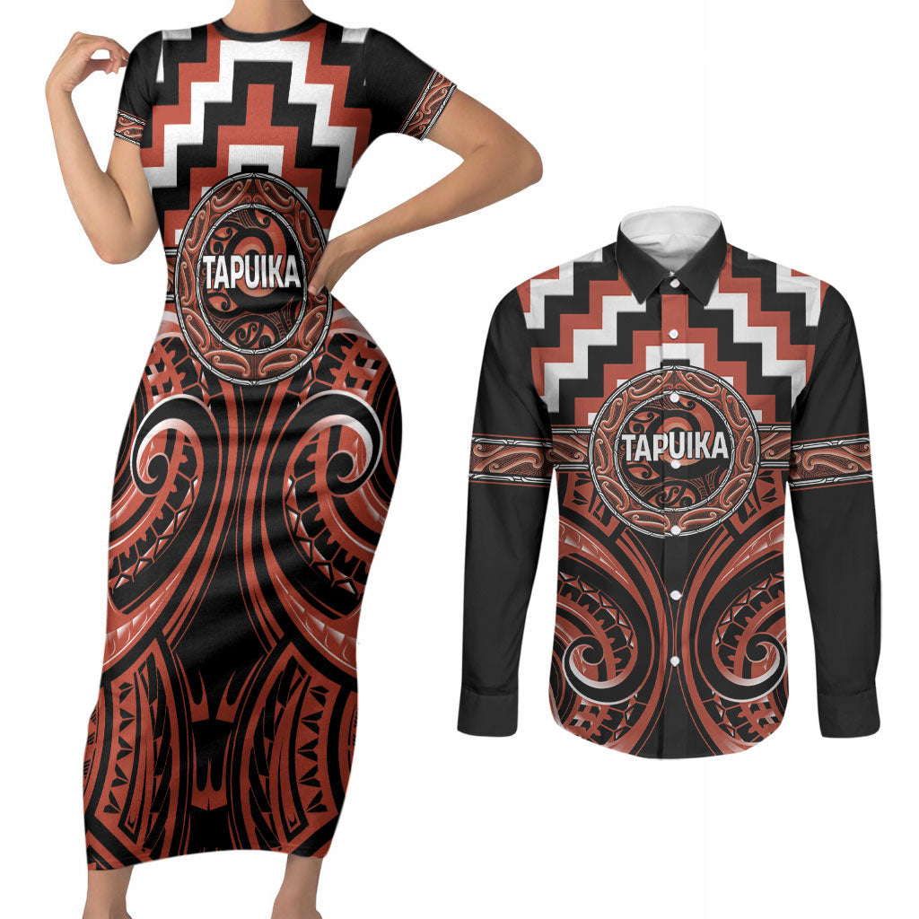 Aotearoa Tapuika Personalised Couples Matching Short Sleeve Bodycon Dress and Long Sleeve Button Shirt Maori Iwi Poutama Puhoro Tattoo
