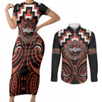 Aotearoa Tapuika Personalised Couples Matching Short Sleeve Bodycon Dress and Long Sleeve Button Shirt Maori Iwi Poutama Puhoro Tattoo