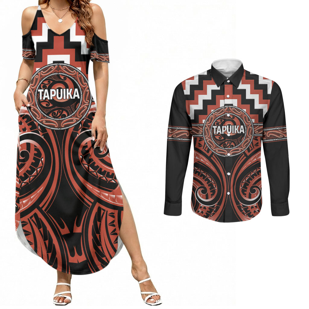 Aotearoa Tapuika Personalised Couples Matching Summer Maxi Dress and Long Sleeve Button Shirt Maori Iwi Poutama Puhoro Tattoo