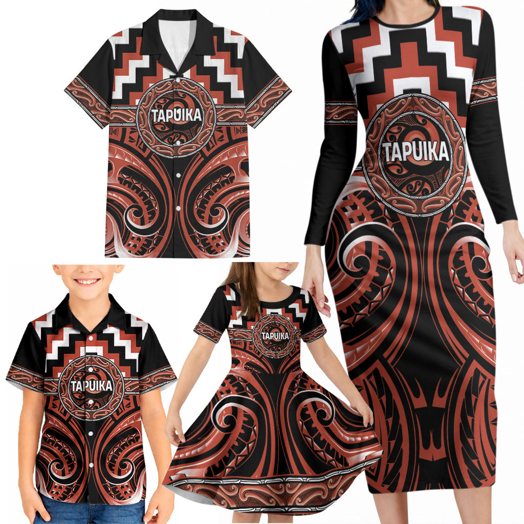 Aotearoa Tapuika Personalised Family Matching Long Sleeve Bodycon Dress and Hawaiian Shirt Maori Iwi Poutama Puhoro Tattoo