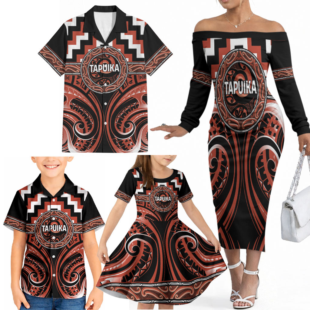 Aotearoa Tapuika Personalised Family Matching Off The Shoulder Long Sleeve Dress and Hawaiian Shirt Maori Iwi Poutama Puhoro Tattoo