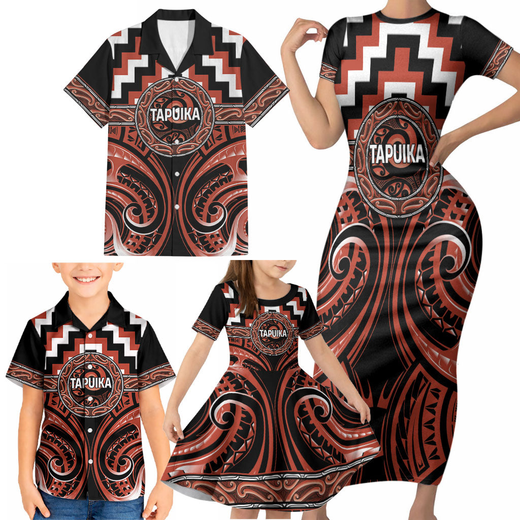 Aotearoa Tapuika Personalised Family Matching Short Sleeve Bodycon Dress and Hawaiian Shirt Maori Iwi Poutama Puhoro Tattoo