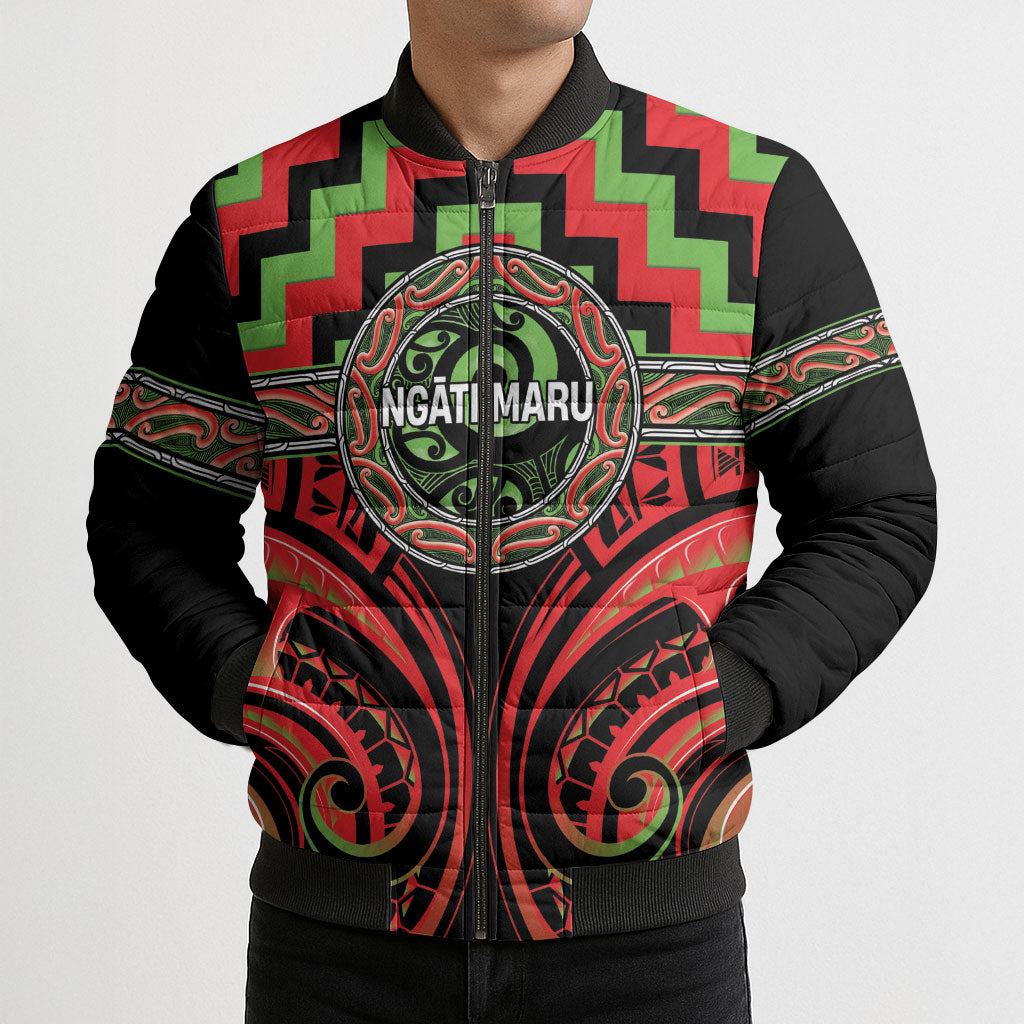 Aotearoa Ngati Maru Personalised Bomber Puffer Jacket Maori Iwi Poutama Puhoro Tattoo