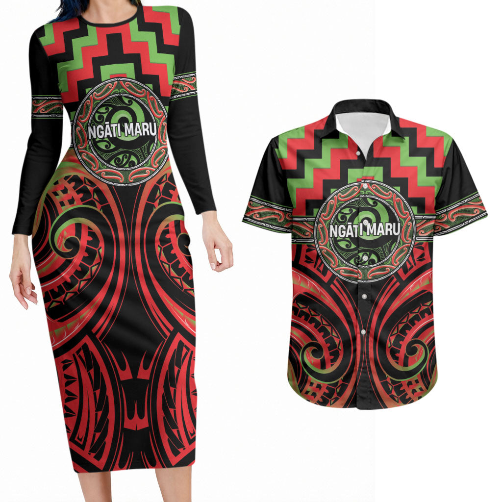 Aotearoa Ngati Maru Personalised Couples Matching Long Sleeve Bodycon Dress and Hawaiian Shirt Maori Iwi Poutama Puhoro Tattoo