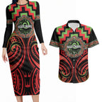 Aotearoa Ngati Maru Personalised Couples Matching Long Sleeve Bodycon Dress and Hawaiian Shirt Maori Iwi Poutama Puhoro Tattoo