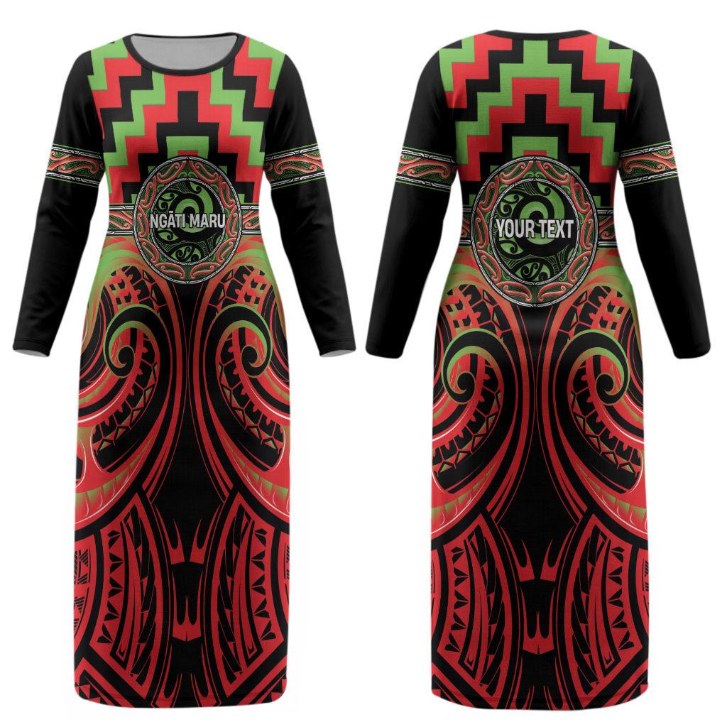 Aotearoa Ngati Maru Personalised Couples Matching Long Sleeve Bodycon Dress and Hawaiian Shirt Maori Iwi Poutama Puhoro Tattoo