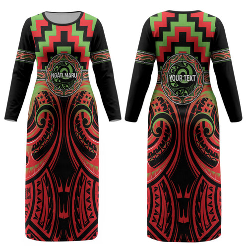 Aotearoa Ngati Maru Personalised Couples Matching Long Sleeve Bodycon Dress and Hawaiian Shirt Maori Iwi Poutama Puhoro Tattoo