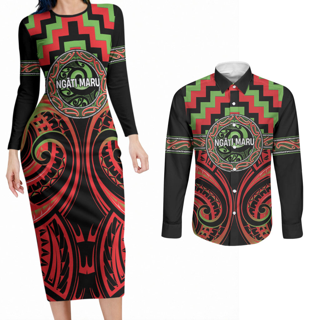 Aotearoa Ngati Maru Personalised Couples Matching Long Sleeve Bodycon Dress and Long Sleeve Button Shirt Maori Iwi Poutama Puhoro Tattoo