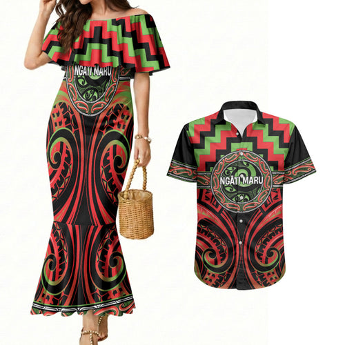 Aotearoa Ngati Maru Personalised Couples Matching Mermaid Dress and Hawaiian Shirt Maori Iwi Poutama Puhoro Tattoo