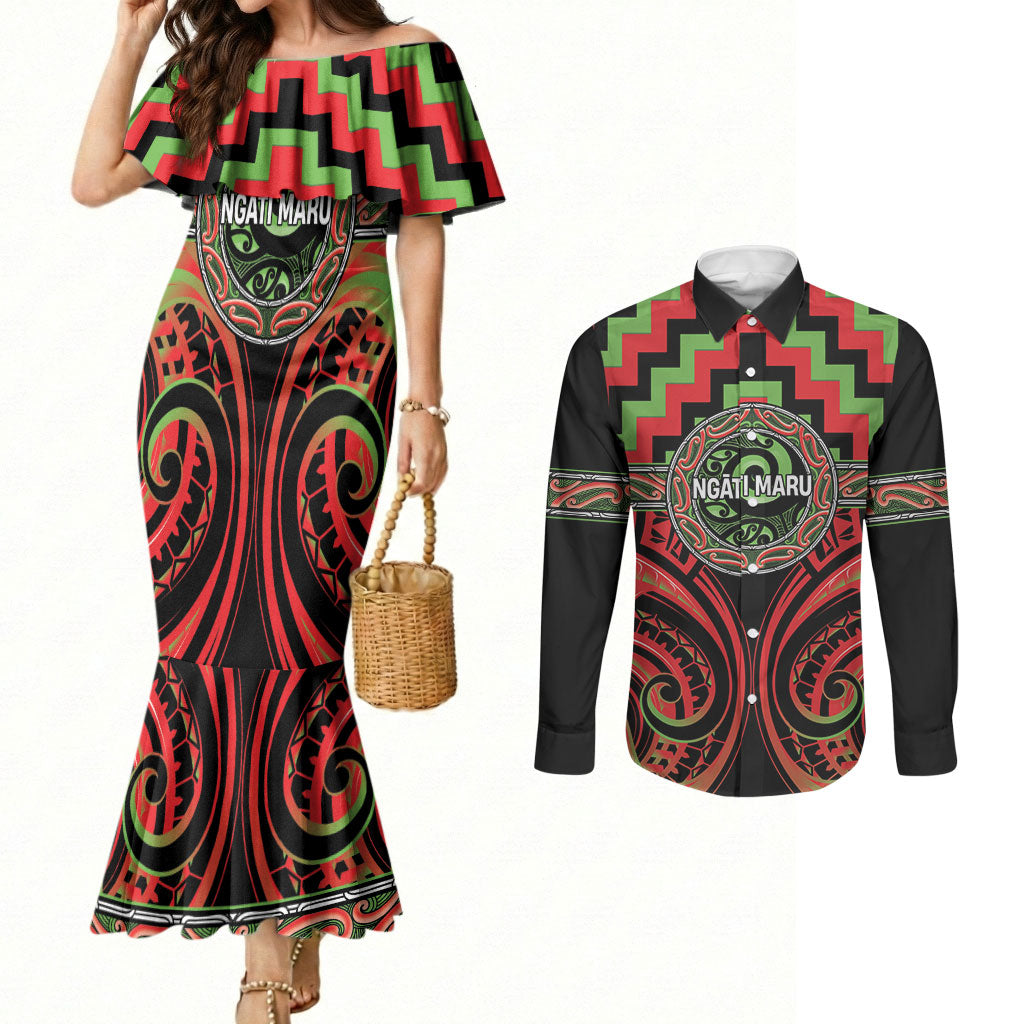 Aotearoa Ngati Maru Personalised Couples Matching Mermaid Dress and Long Sleeve Button Shirt Maori Iwi Poutama Puhoro Tattoo
