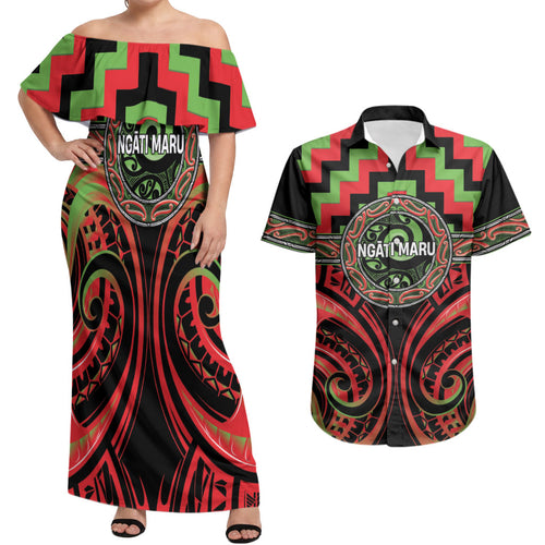 Aotearoa Ngati Maru Personalised Couples Matching Off Shoulder Maxi Dress and Hawaiian Shirt Maori Iwi Poutama Puhoro Tattoo