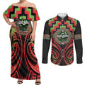 Aotearoa Ngati Maru Personalised Couples Matching Off Shoulder Maxi Dress and Long Sleeve Button Shirt Maori Iwi Poutama Puhoro Tattoo