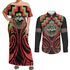 Aotearoa Ngati Maru Personalised Couples Matching Off Shoulder Maxi Dress and Long Sleeve Button Shirt Maori Iwi Poutama Puhoro Tattoo