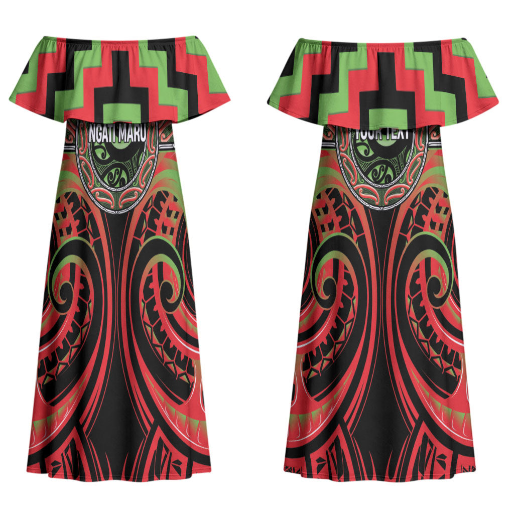Aotearoa Ngati Maru Personalised Couples Matching Off Shoulder Maxi Dress and Long Sleeve Button Shirt Maori Iwi Poutama Puhoro Tattoo