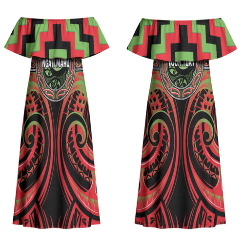 Aotearoa Ngati Maru Personalised Couples Matching Off Shoulder Maxi Dress and Long Sleeve Button Shirt Maori Iwi Poutama Puhoro Tattoo