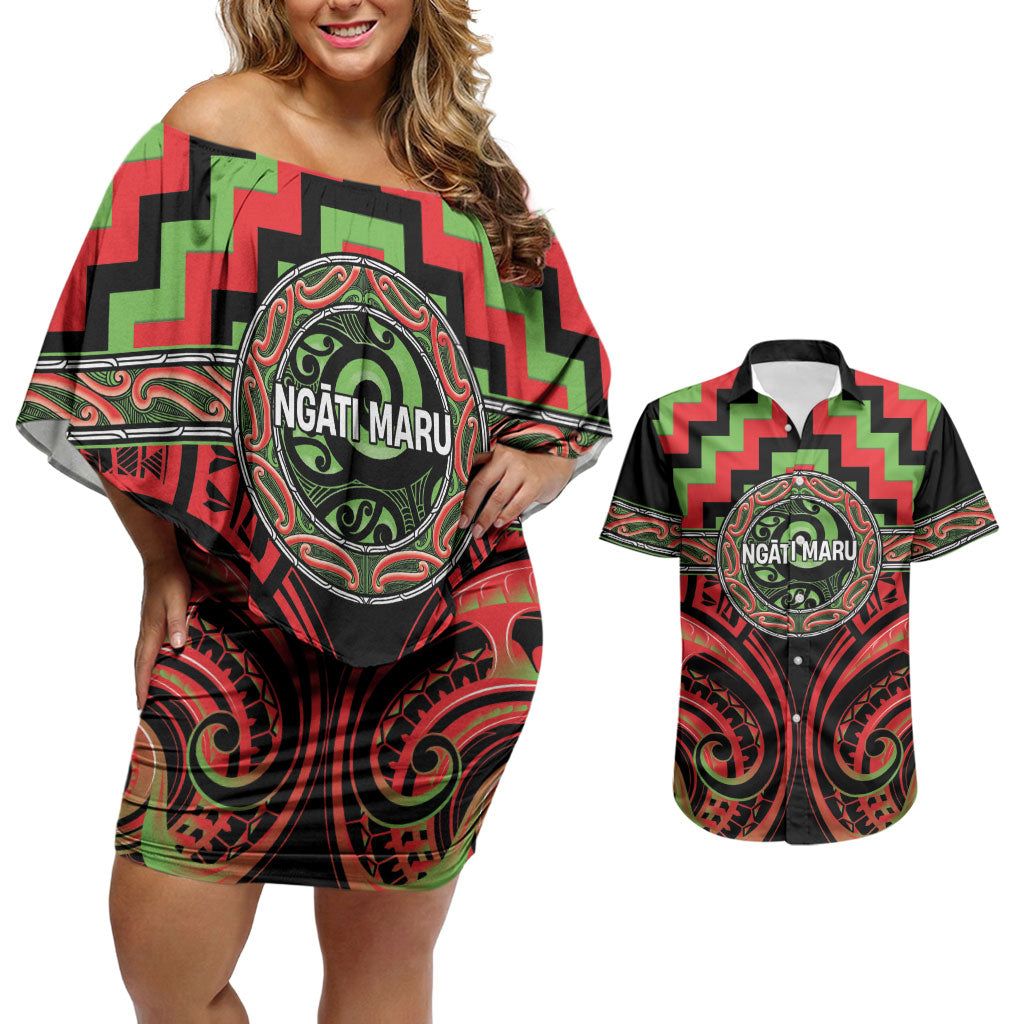 Aotearoa Ngati Maru Personalised Couples Matching Off Shoulder Short Dress and Hawaiian Shirt Maori Iwi Poutama Puhoro Tattoo