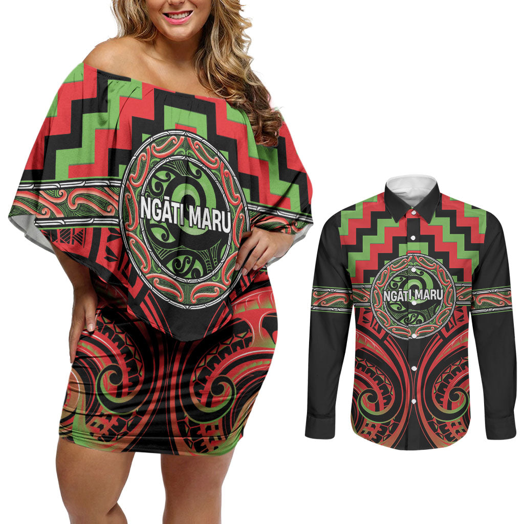 Aotearoa Ngati Maru Personalised Couples Matching Off Shoulder Short Dress and Long Sleeve Button Shirt Maori Iwi Poutama Puhoro Tattoo