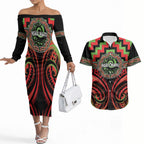 Aotearoa Ngati Maru Personalised Couples Matching Off The Shoulder Long Sleeve Dress and Hawaiian Shirt Maori Iwi Poutama Puhoro Tattoo