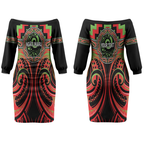 Aotearoa Ngati Maru Personalised Couples Matching Off The Shoulder Long Sleeve Dress and Long Sleeve Button Shirt Maori Iwi Poutama Puhoro Tattoo