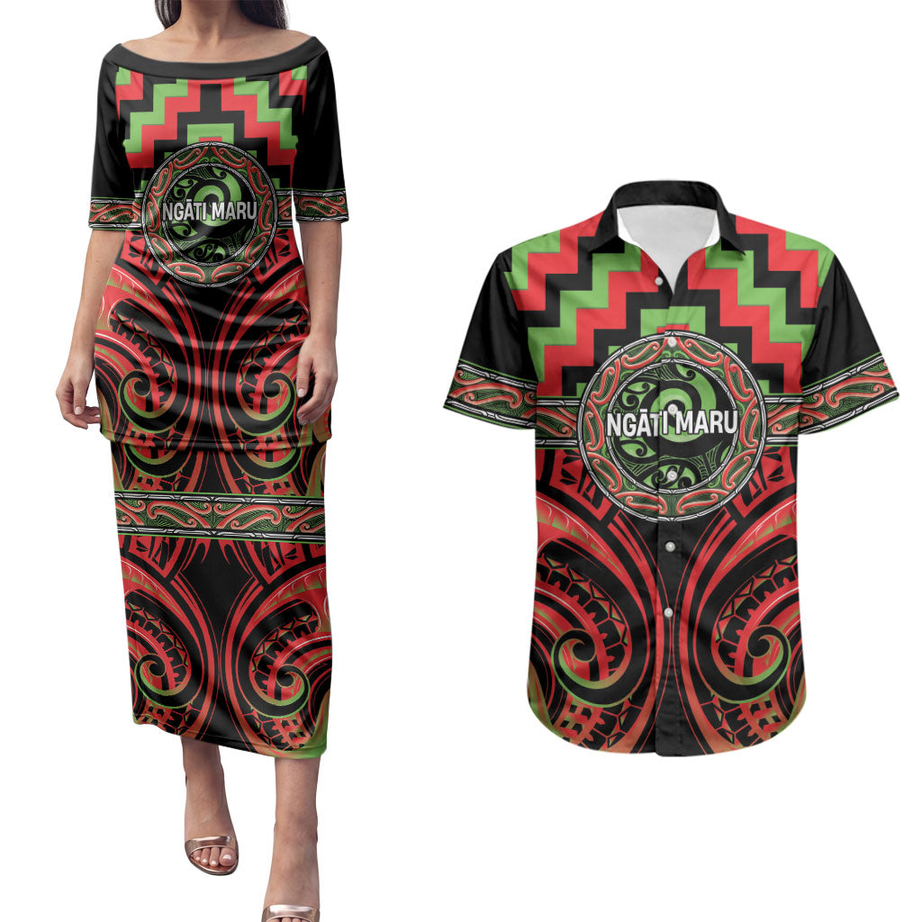 Aotearoa Ngati Maru Personalised Couples Matching Puletasi and Hawaiian Shirt Maori Iwi Poutama Puhoro Tattoo