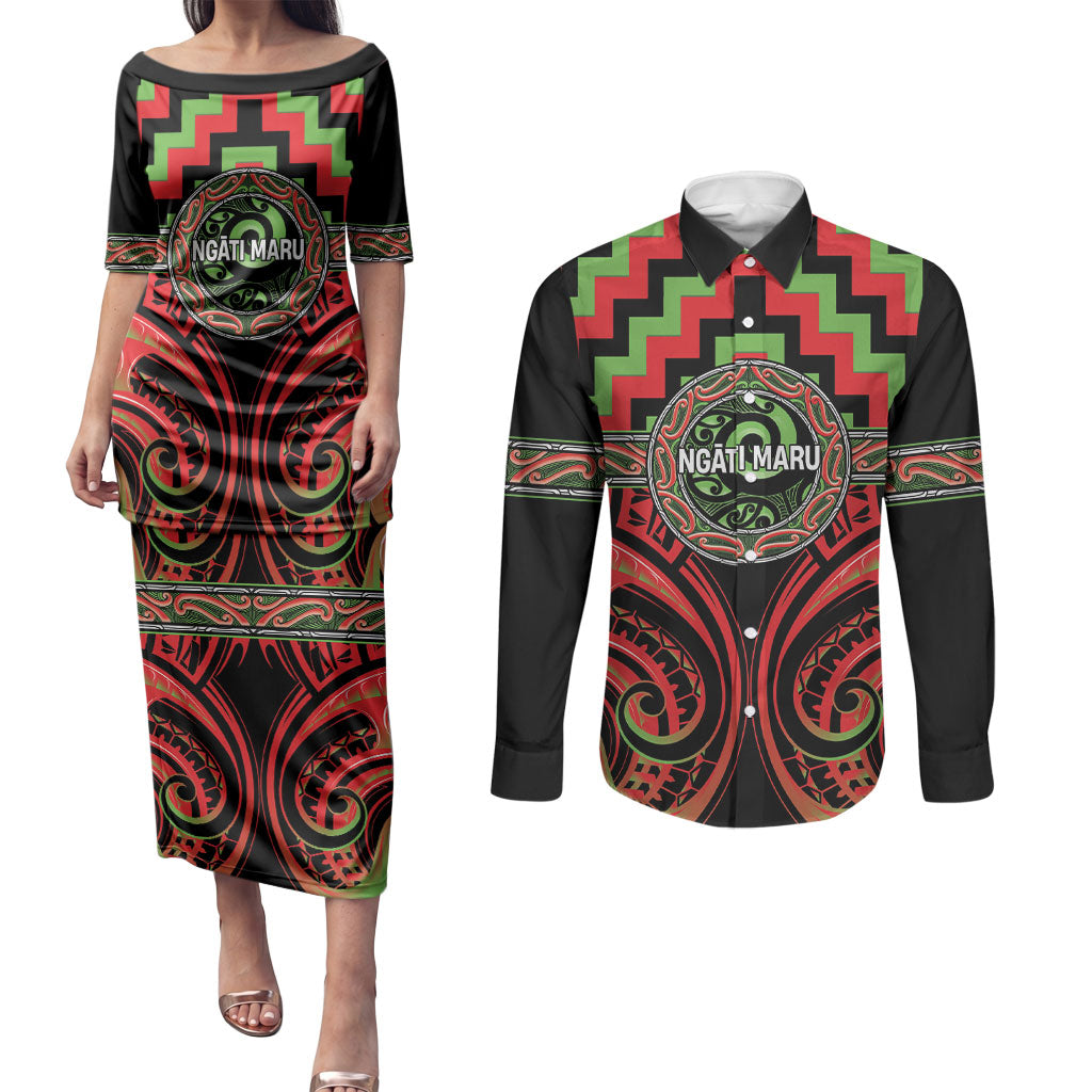 Aotearoa Ngati Maru Personalised Couples Matching Puletasi and Long Sleeve Button Shirt Maori Iwi Poutama Puhoro Tattoo