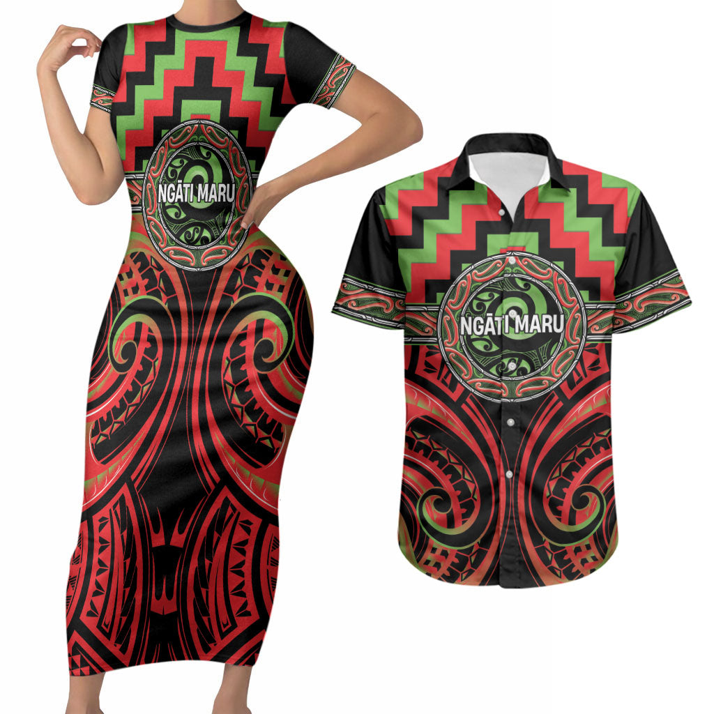 Aotearoa Ngati Maru Personalised Couples Matching Short Sleeve Bodycon Dress and Hawaiian Shirt Maori Iwi Poutama Puhoro Tattoo