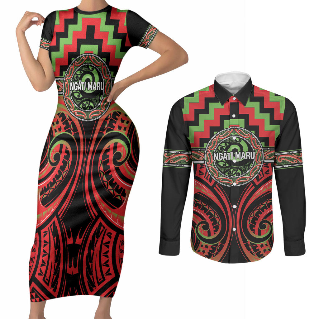 Aotearoa Ngati Maru Personalised Couples Matching Short Sleeve Bodycon Dress and Long Sleeve Button Shirt Maori Iwi Poutama Puhoro Tattoo