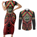 Aotearoa Ngati Maru Personalised Couples Matching Short Sleeve Bodycon Dress and Long Sleeve Button Shirt Maori Iwi Poutama Puhoro Tattoo