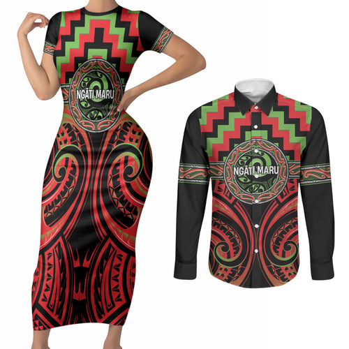Aotearoa Ngati Maru Personalised Couples Matching Short Sleeve Bodycon Dress and Long Sleeve Button Shirt Maori Iwi Poutama Puhoro Tattoo