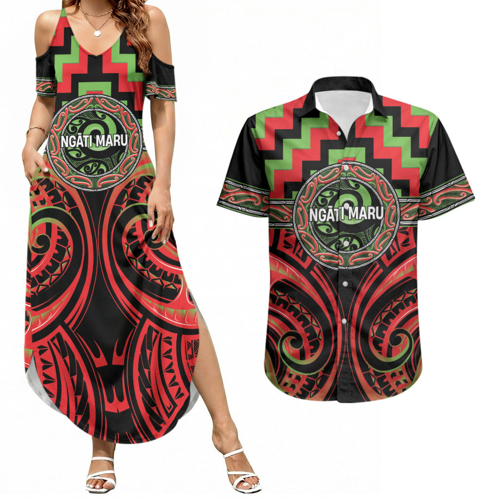 Aotearoa Ngati Maru Personalised Couples Matching Summer Maxi Dress and Hawaiian Shirt Maori Iwi Poutama Puhoro Tattoo