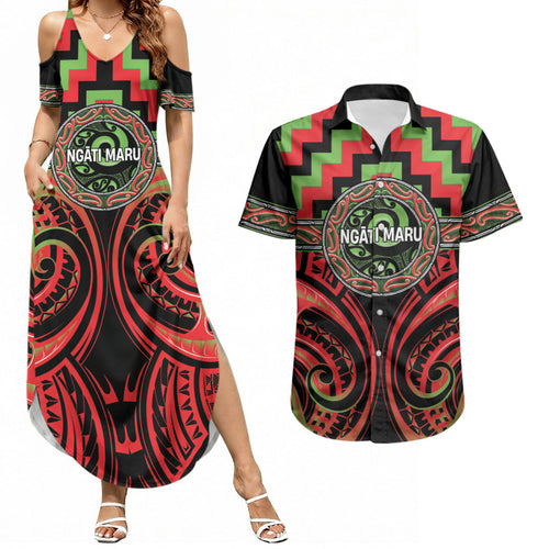 Aotearoa Ngati Maru Personalised Couples Matching Summer Maxi Dress and Hawaiian Shirt Maori Iwi Poutama Puhoro Tattoo