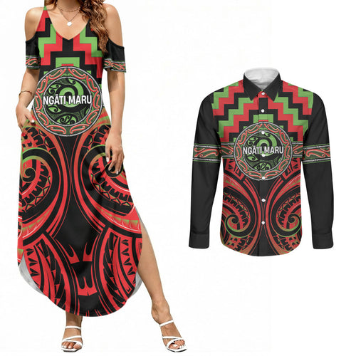 Aotearoa Ngati Maru Personalised Couples Matching Summer Maxi Dress and Long Sleeve Button Shirt Maori Iwi Poutama Puhoro Tattoo