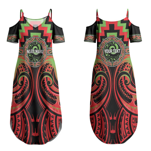 Aotearoa Ngati Maru Personalised Couples Matching Summer Maxi Dress and Long Sleeve Button Shirt Maori Iwi Poutama Puhoro Tattoo